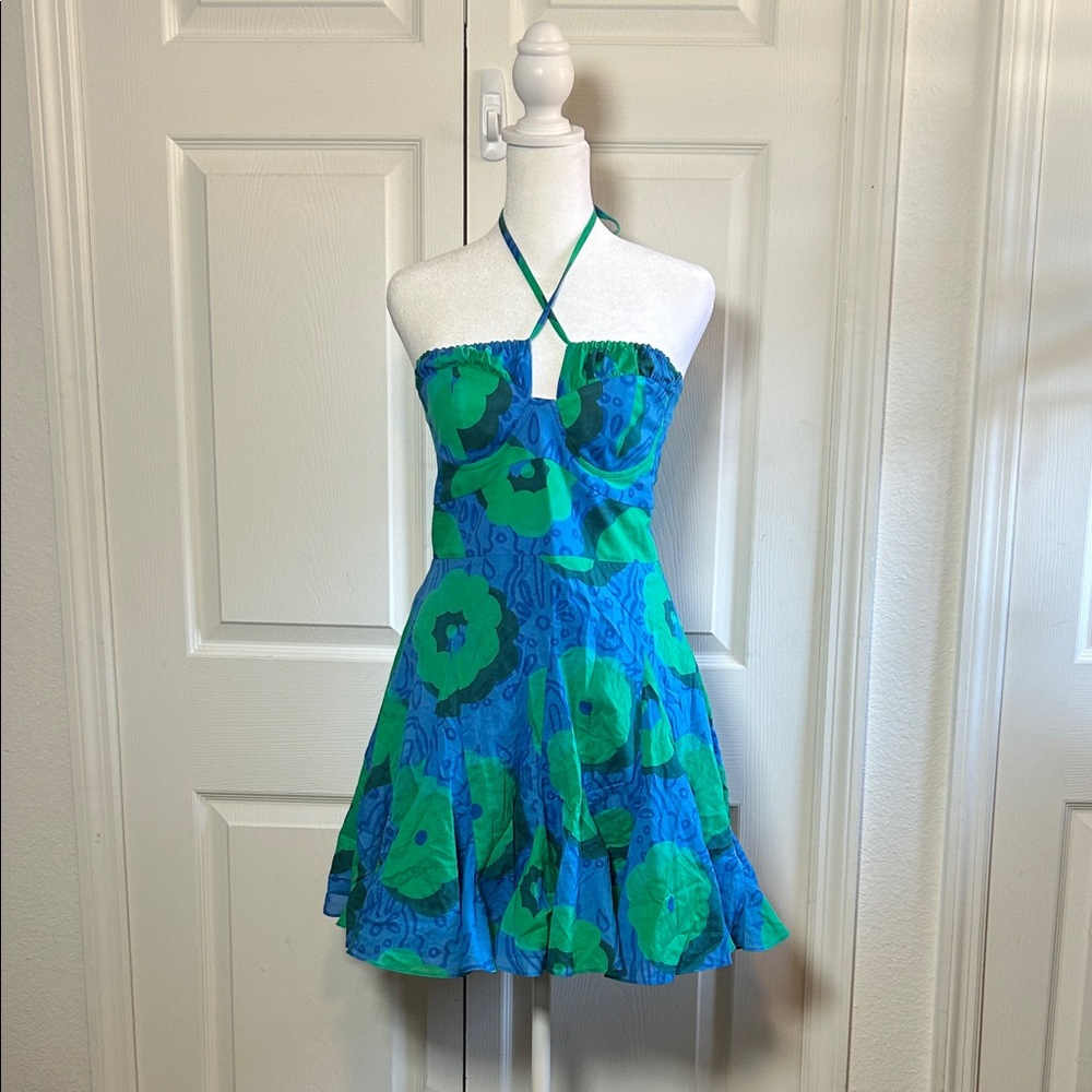 Vibrant Blue and Green Floral Halter Dress